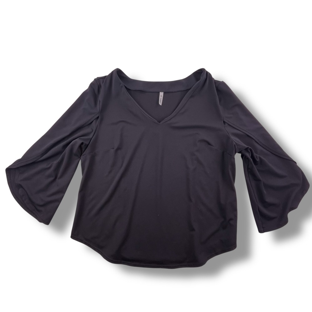 Halara Black V-Neck 3/4 Bell Sleeve Top Women Large Split Sleeve Blouse